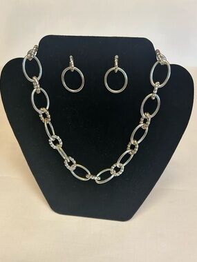 Silver Link Chain Necklace and Hoop matching Earring Set